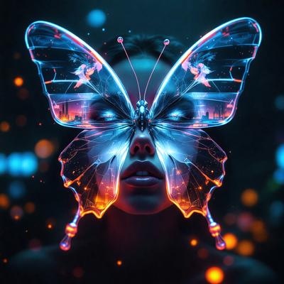 The primary subject of the image is a woman with a butterfly face painted on her face. The setting is a dark room with a purple background. The visual style is digital art, as the butterfly face appears to be a digital painting. The colors and mood of the image are predominantly purple, creating a mysterious and artistic atmosphere.